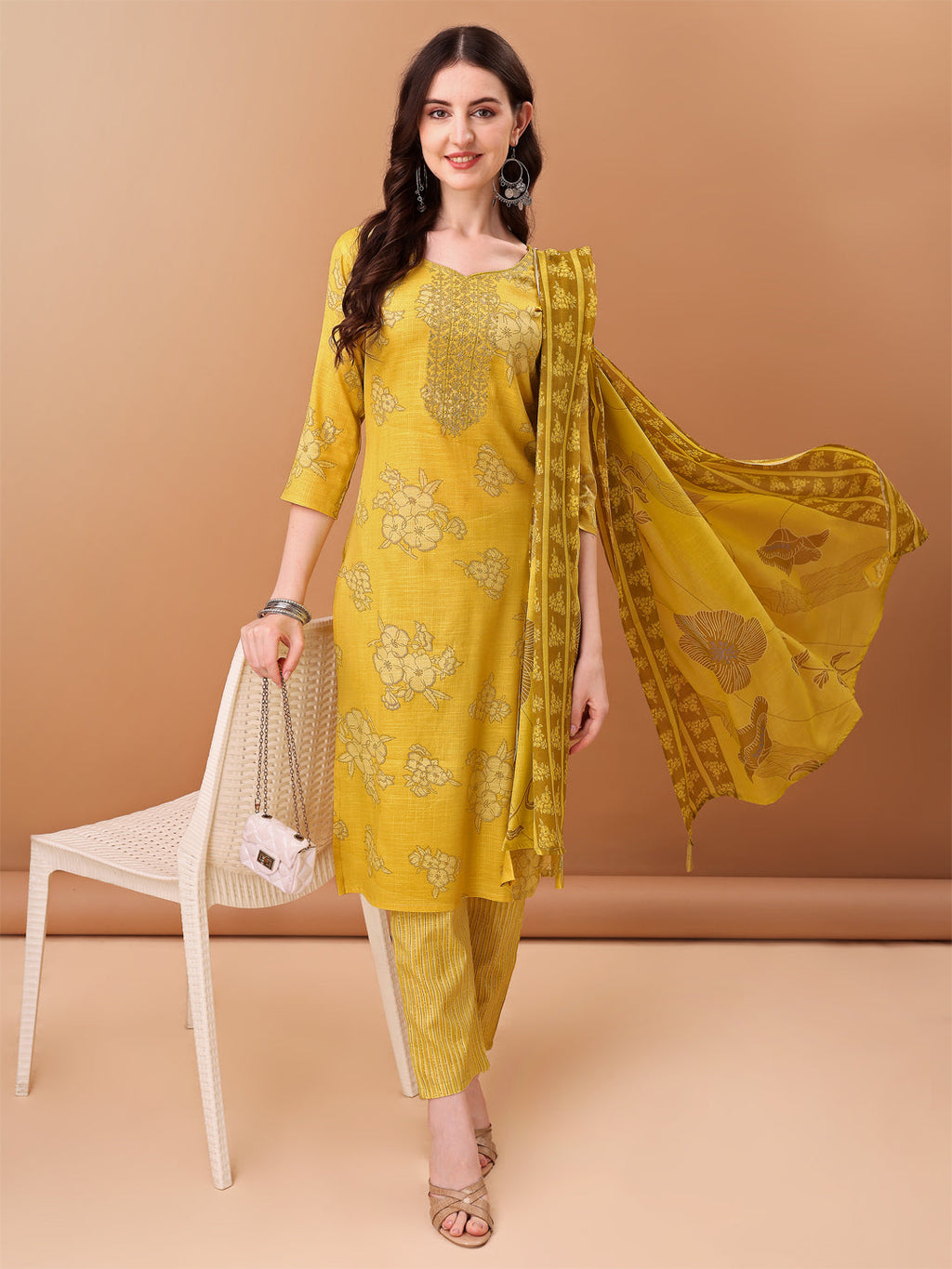 Embroidered & Printed Kurta With Pant & Printed Dupatta, Yellow - Hiral Fashion | Grocsy
