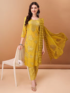 Embroidered & Printed Kurta With Pant & Printed Dupatta, Yellow - Hiral Fashion | Grocsy
