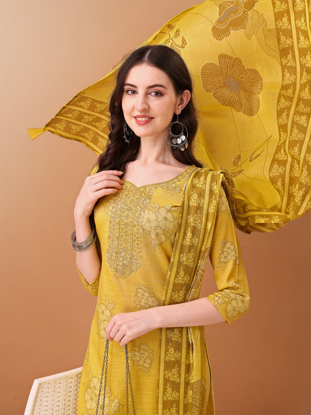 Embroidered & Printed Kurta With Pant & Printed Dupatta, Yellow - Hiral Fashion | Grocsy