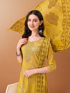 Embroidered & Printed Kurta With Pant & Printed Dupatta, Yellow - Hiral Fashion | Grocsy