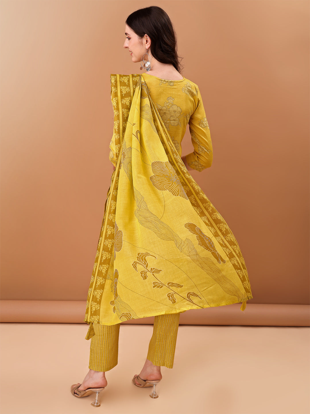 Embroidered & Printed Kurta With Pant & Printed Dupatta, Yellow - Hiral Fashion | Grocsy