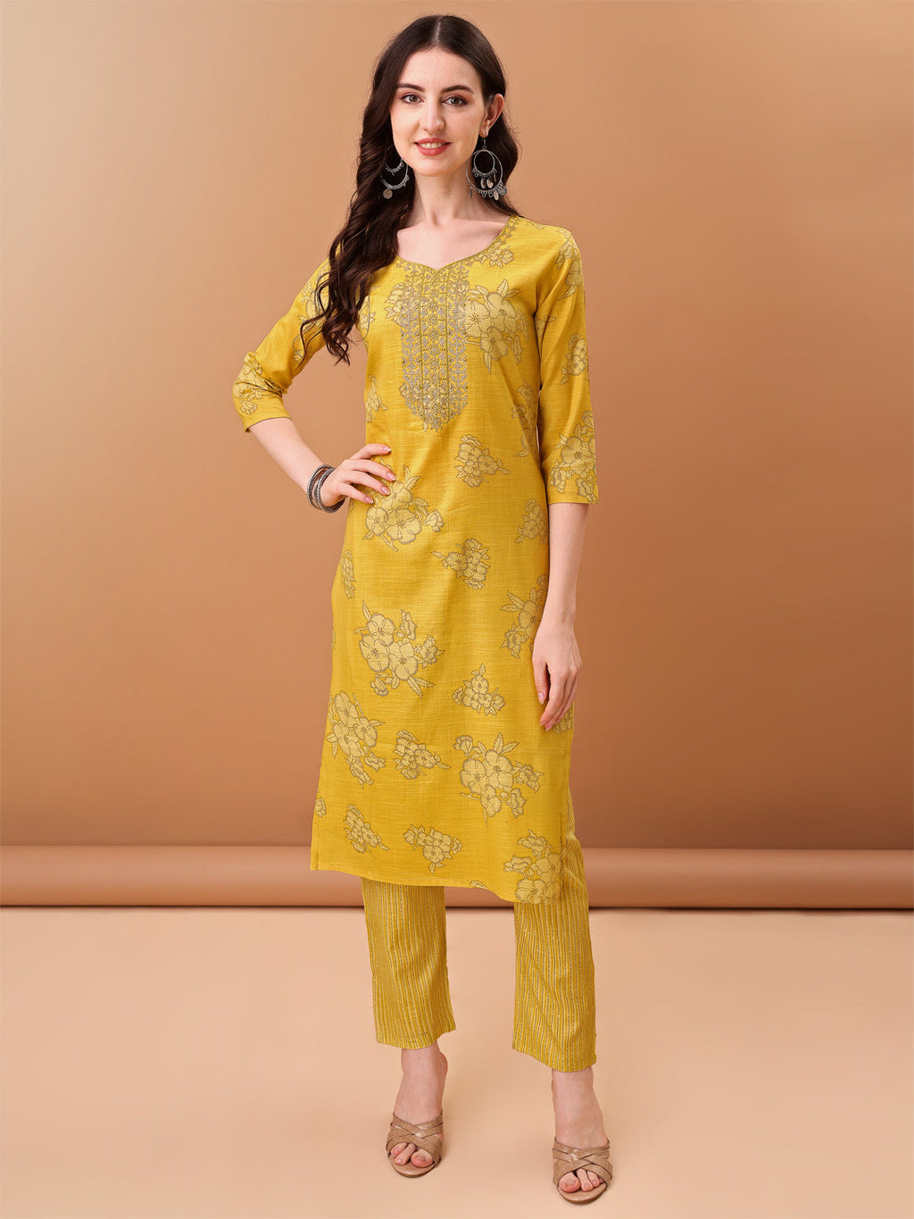 Embroidered & Printed Kurta With Pant & Printed Dupatta, Yellow - Hiral Fashion | Grocsy