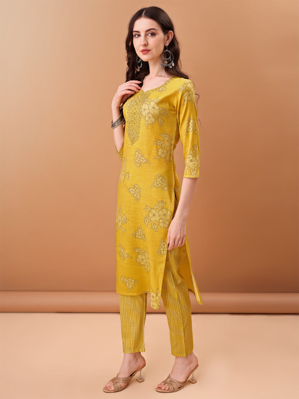 Embroidered & Printed Kurta With Pant & Printed Dupatta, Yellow - Hiral Fashion | Grocsy