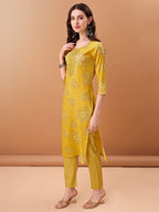 Embroidered & Printed Kurta With Pant & Printed Dupatta, Yellow - Hiral Fashion | Grocsy