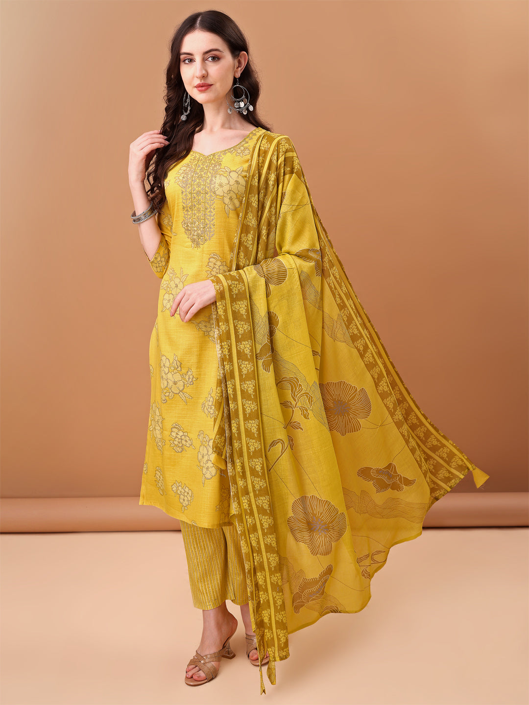 Embroidered & Printed Kurta With Pant & Printed Dupatta, Yellow - Hiral Fashion | Grocsy