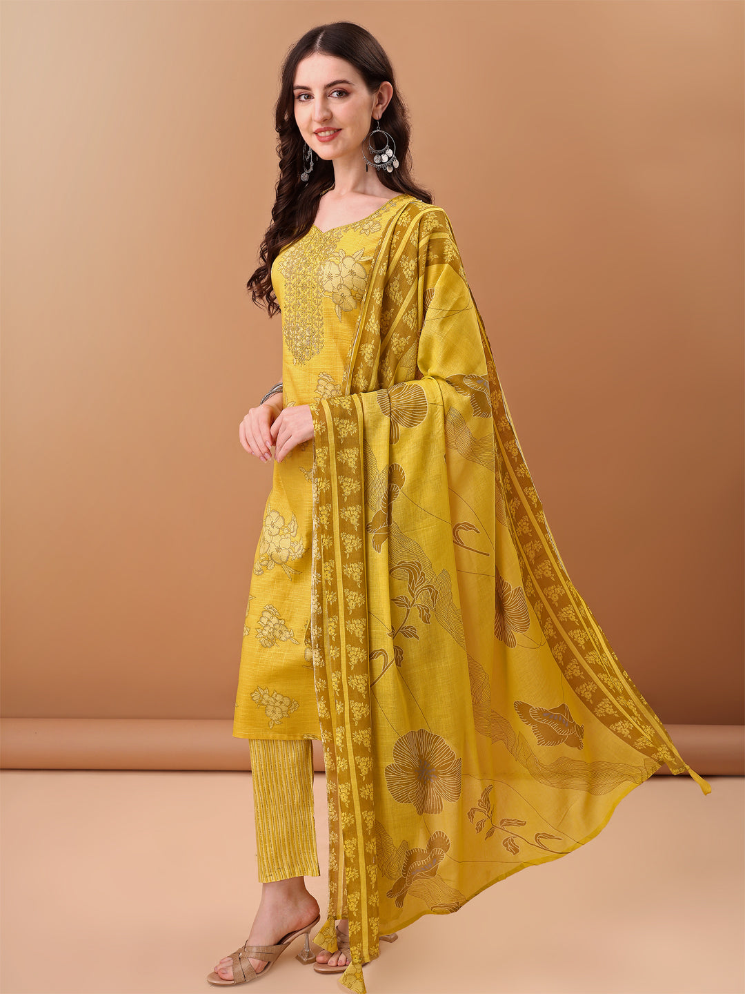 Embroidered & Printed Kurta With Pant & Printed Dupatta, Yellow - Hiral Fashion | Grocsy