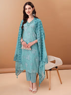 Embroidered & Floral Printed Kurta With Pant & Printed Dupatta, Blue - Hiral Fashion | Grocsy