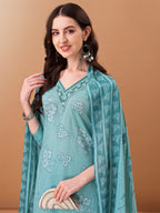 Embroidered & Floral Printed Kurta With Pant & Printed Dupatta, Blue - Hiral Fashion | Grocsy