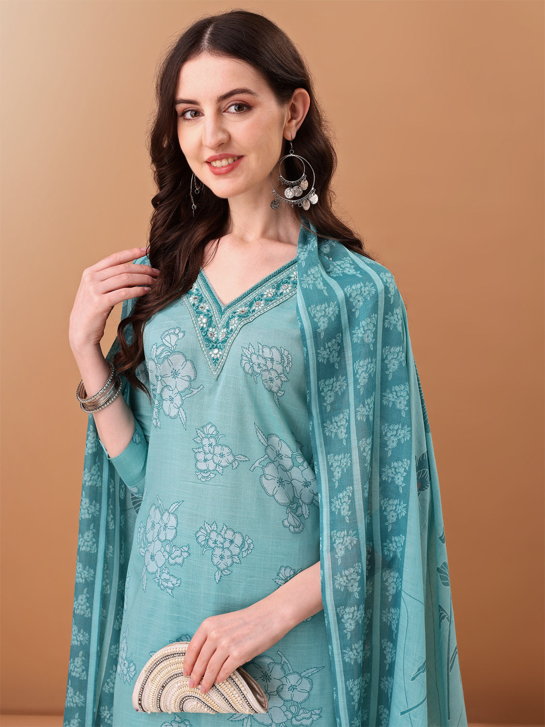 Embroidered & Floral Printed Kurta With Pant & Printed Dupatta, Blue - Hiral Fashion | Grocsy