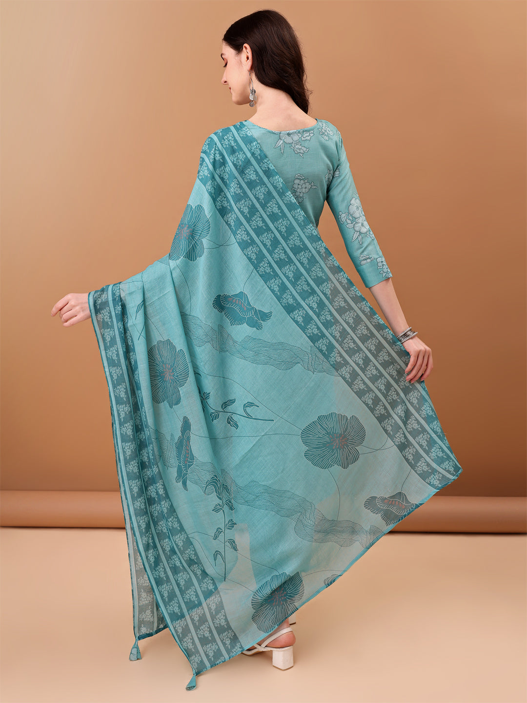 Embroidered & Floral Printed Kurta With Pant & Printed Dupatta, Blue - Hiral Fashion | Grocsy
