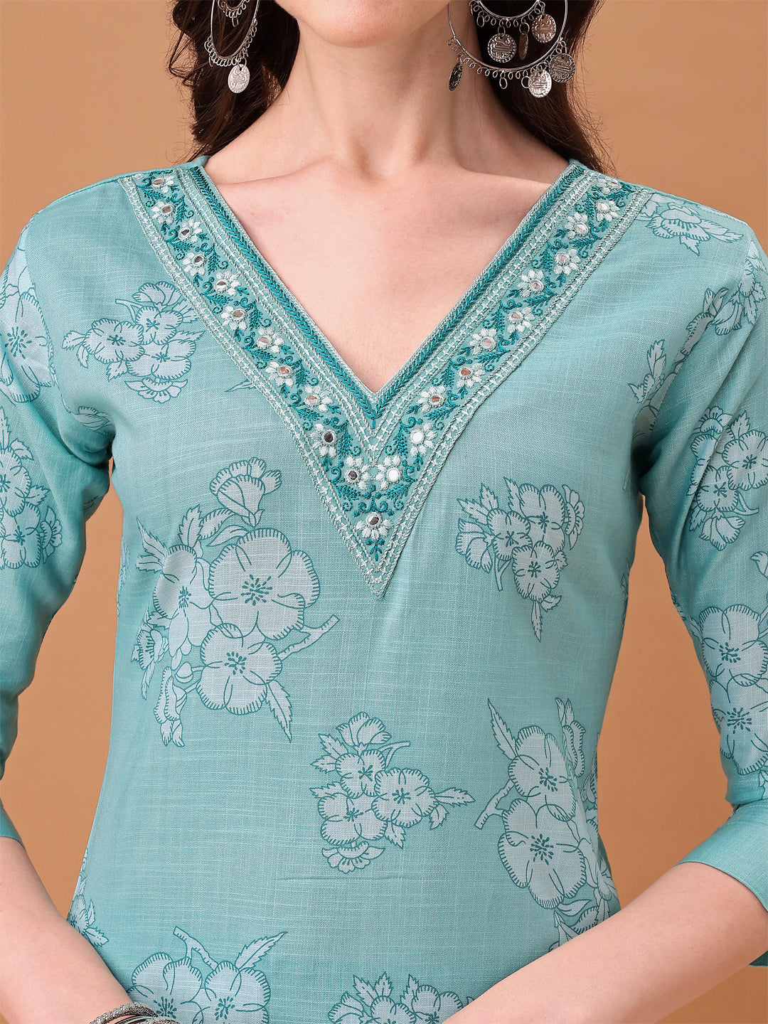 Embroidered & Floral Printed Kurta With Pant & Printed Dupatta, Blue - Hiral Fashion | Grocsy