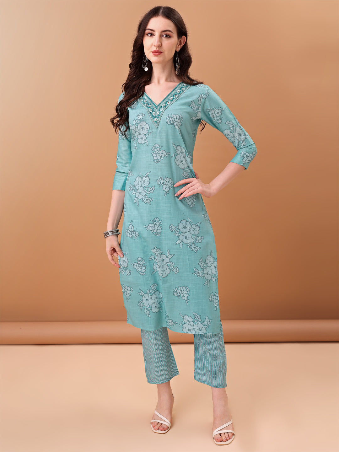 Embroidered & Floral Printed Kurta With Pant & Printed Dupatta, Blue - Hiral Fashion | Grocsy