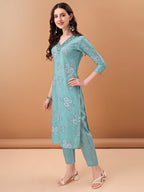 Embroidered & Floral Printed Kurta With Pant & Printed Dupatta, Blue - Hiral Fashion | Grocsy