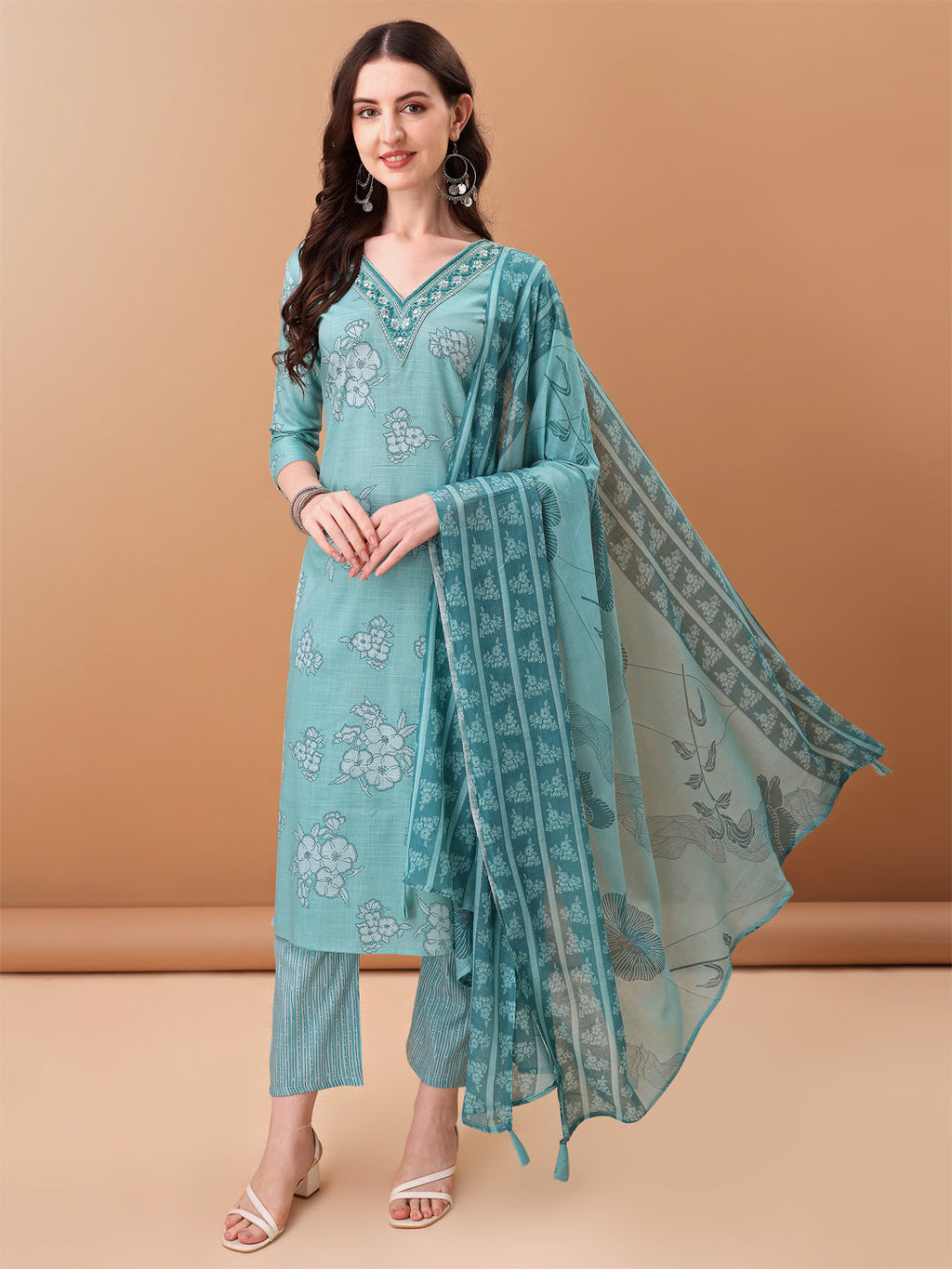 Embroidered & Floral Printed Kurta With Pant & Printed Dupatta, Blue - Hiral Fashion | Grocsy