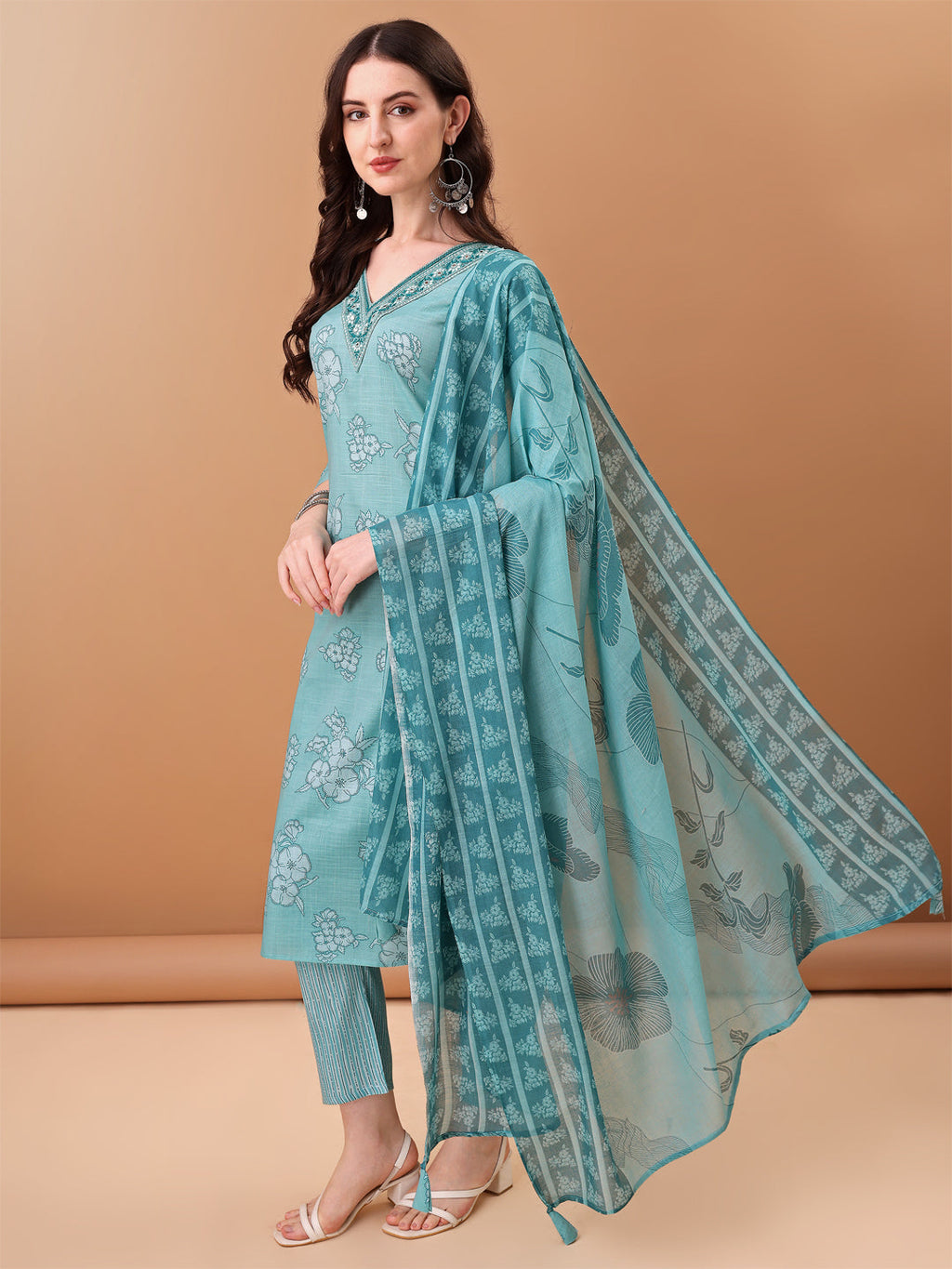 Embroidered & Floral Printed Kurta With Pant & Printed Dupatta, Blue - Hiral Fashion | Grocsy
