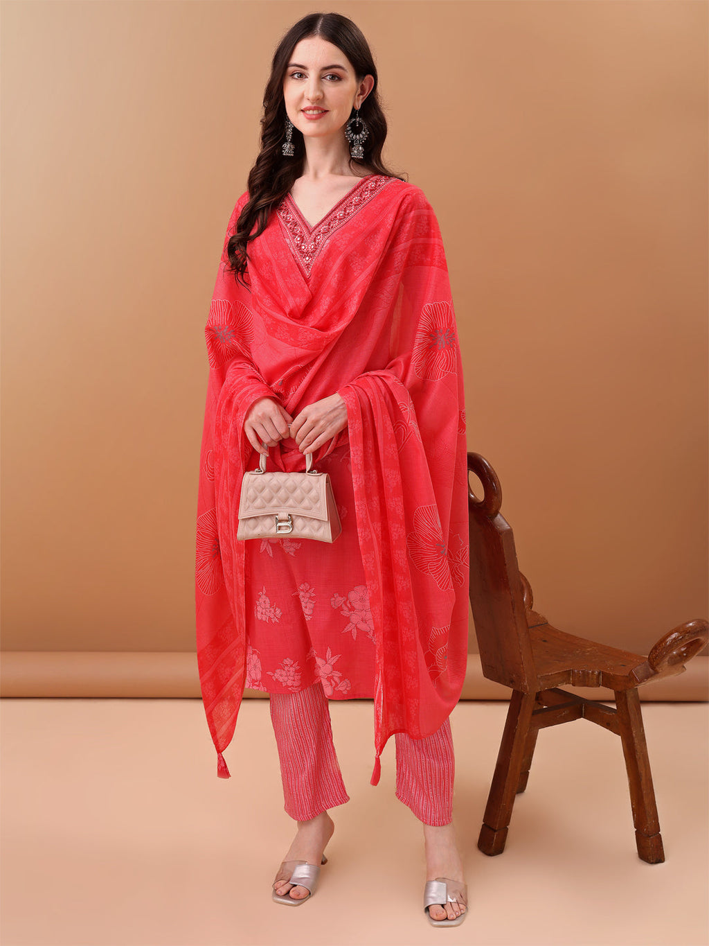 Embroidered & Floral Printed Kurta With Pant & Printed Dupatta, Pink - Hiral Fashion | Grocsy