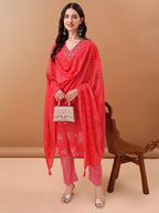 Embroidered & Floral Printed Kurta With Pant & Printed Dupatta, Pink - Hiral Fashion | Grocsy