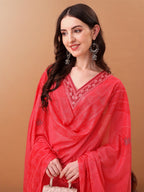 Embroidered & Floral Printed Kurta With Pant & Printed Dupatta, Pink - Hiral Fashion | Grocsy