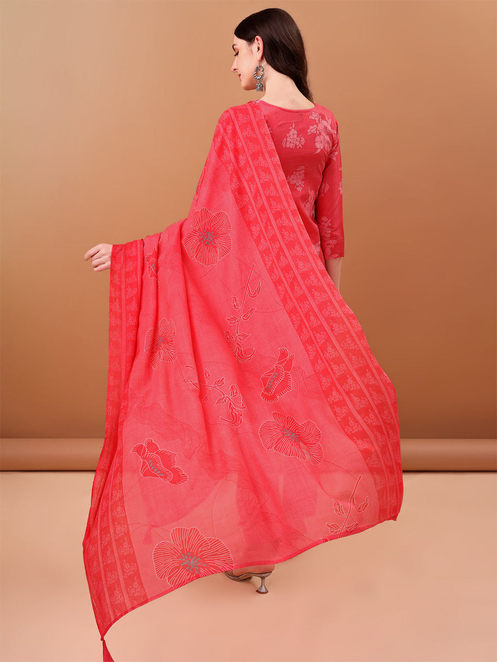 Embroidered & Floral Printed Kurta With Pant & Printed Dupatta, Pink - Hiral Fashion | Grocsy