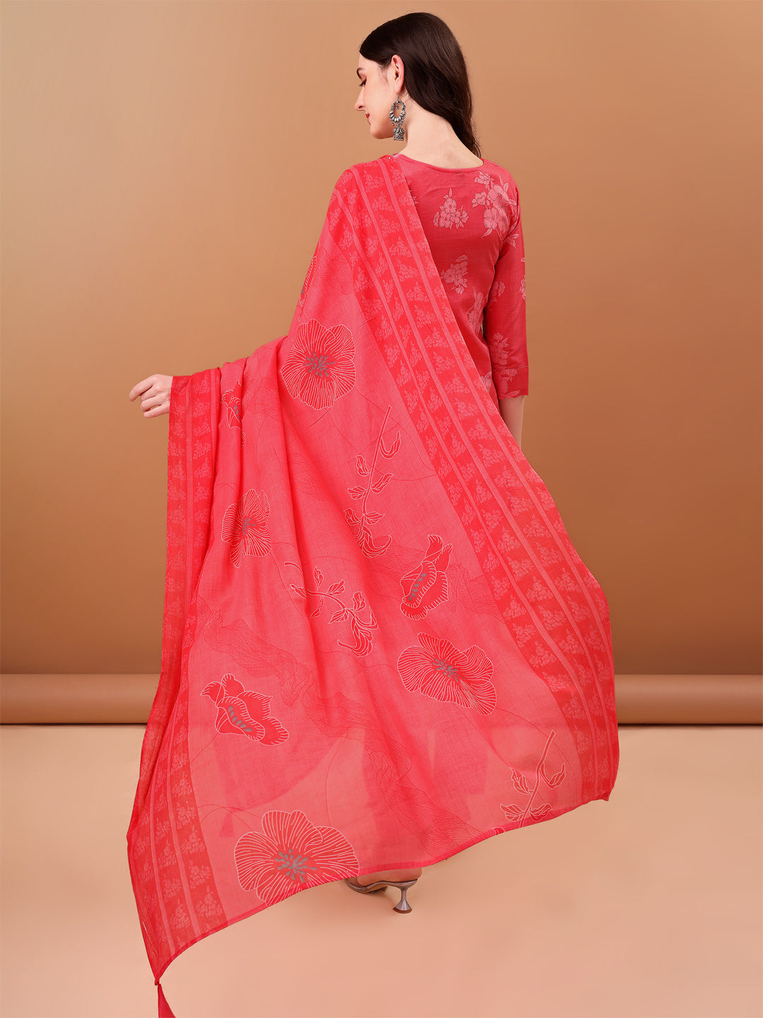 Embroidered & Floral Printed Kurta With Pant & Printed Dupatta, Pink - Hiral Fashion | Grocsy