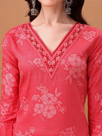 Embroidered & Floral Printed Kurta With Pant & Printed Dupatta, Pink - Hiral Fashion | Grocsy