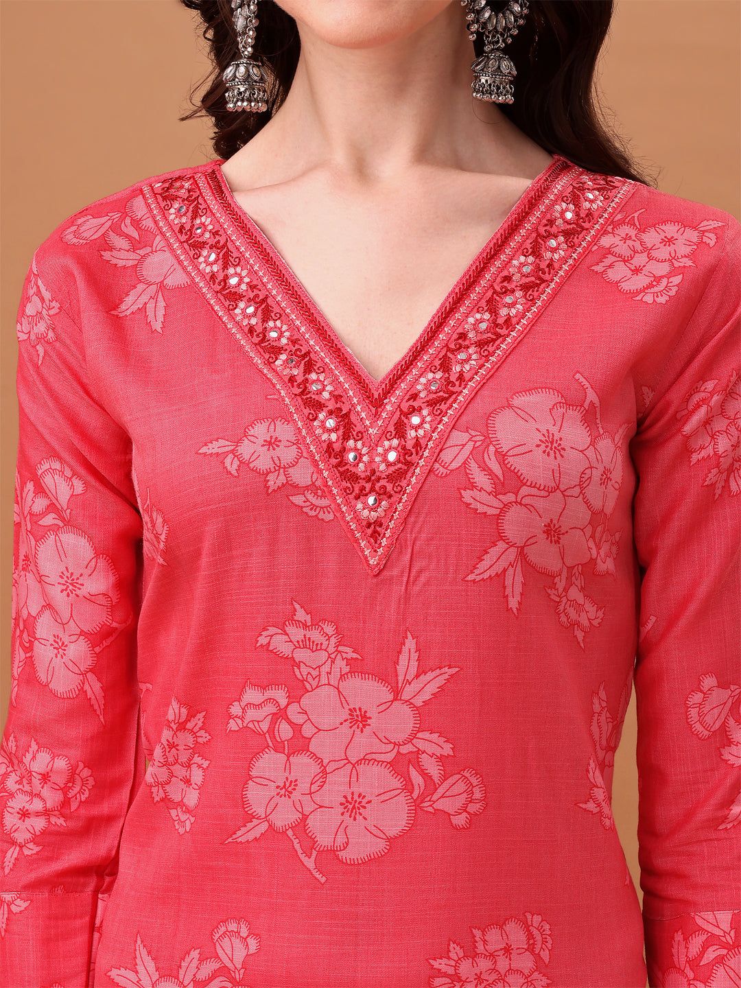 Embroidered & Floral Printed Kurta With Pant & Printed Dupatta, Pink - Hiral Fashion | Grocsy