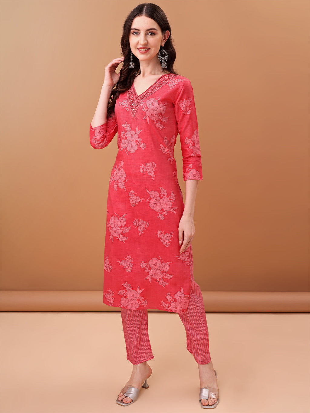 Embroidered & Floral Printed Kurta With Pant & Printed Dupatta, Pink - Hiral Fashion | Grocsy