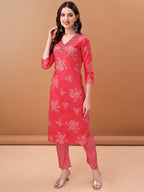 Embroidered & Floral Printed Kurta With Pant & Printed Dupatta, Pink - Hiral Fashion | Grocsy