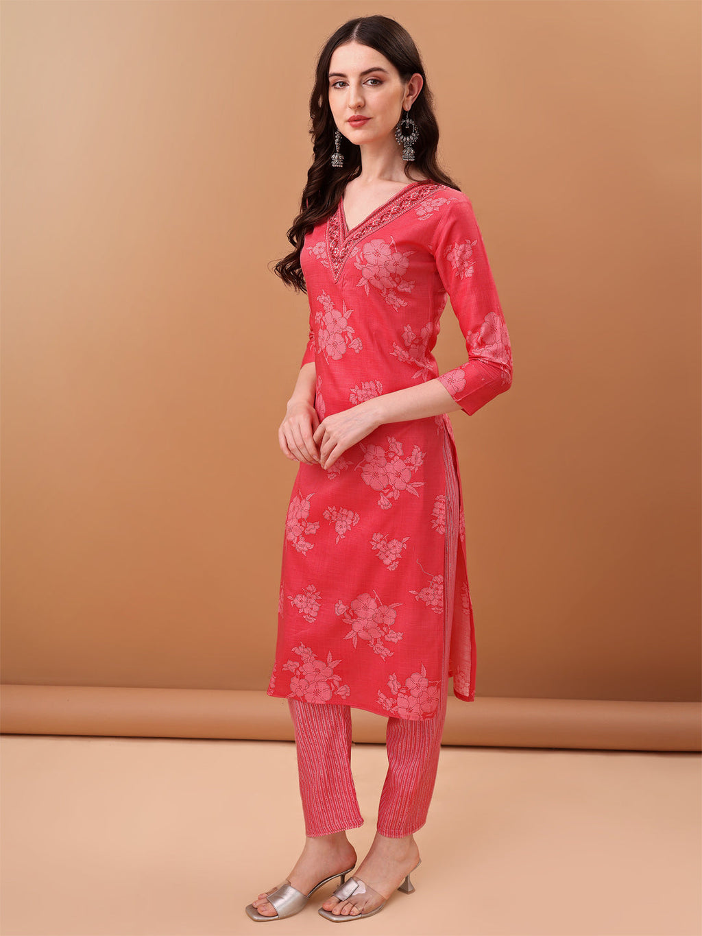 Embroidered & Floral Printed Kurta With Pant & Printed Dupatta, Pink - Hiral Fashion | Grocsy