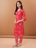 Embroidered & Floral Printed Kurta With Pant & Printed Dupatta, Pink - Hiral Fashion | Grocsy