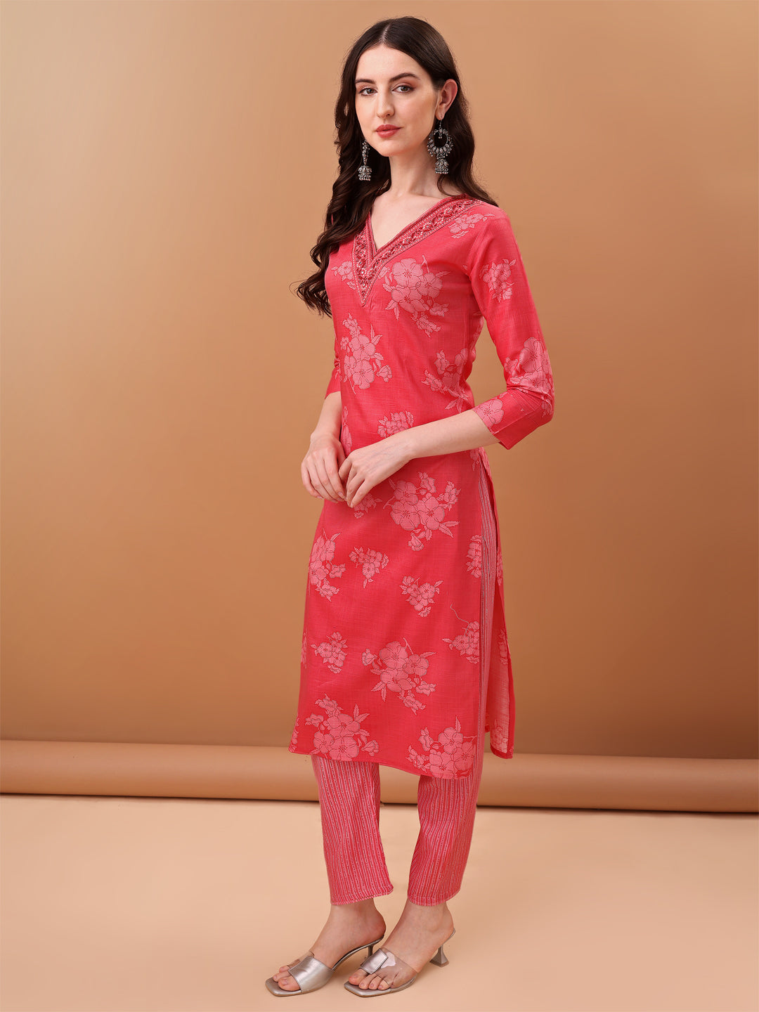 Embroidered & Floral Printed Kurta With Pant & Printed Dupatta, Pink - Hiral Fashion | Grocsy