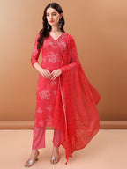 Embroidered & Floral Printed Kurta With Pant & Printed Dupatta, Pink - Hiral Fashion | Grocsy