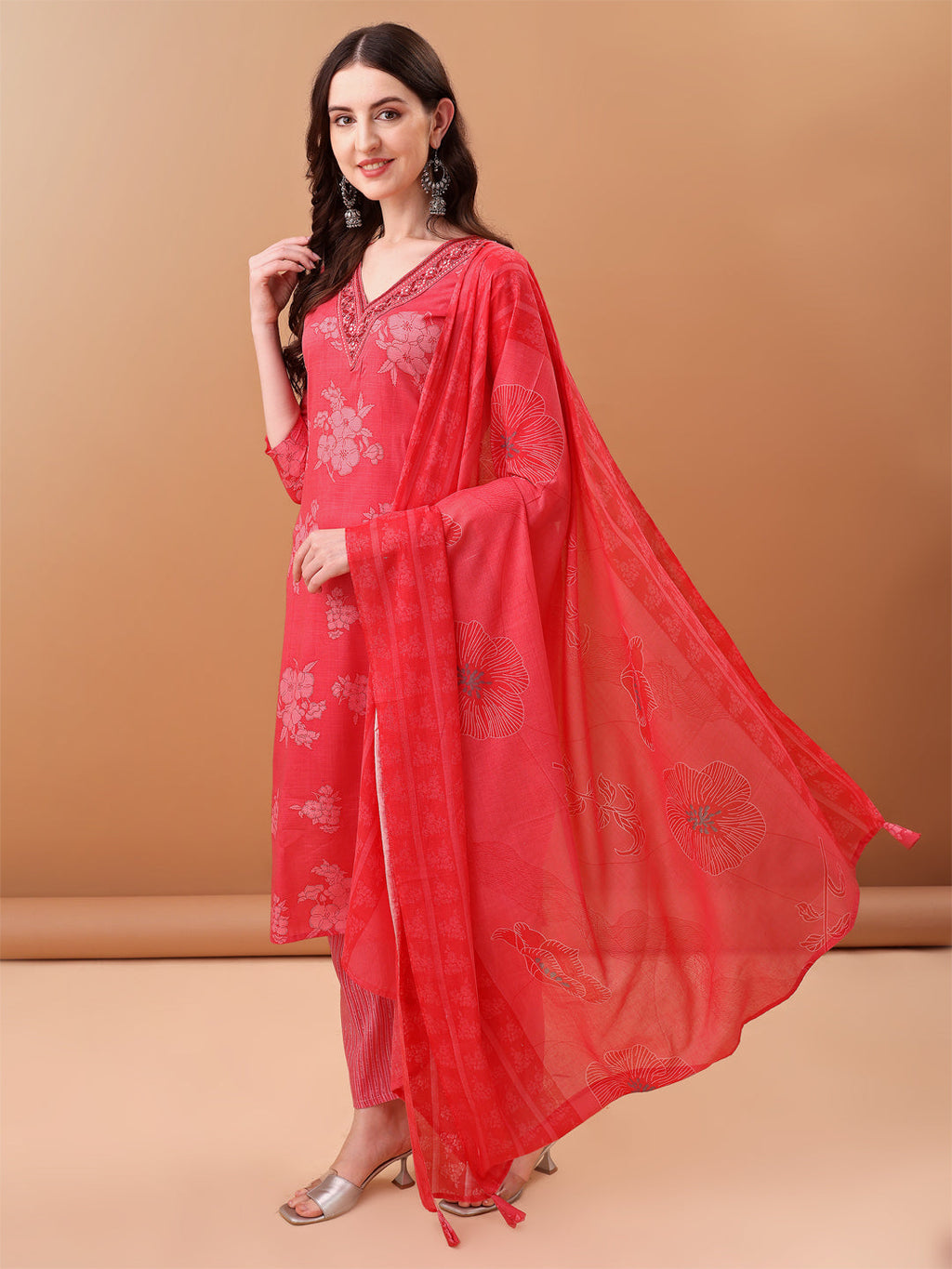Embroidered & Floral Printed Kurta With Pant & Printed Dupatta, Pink - Hiral Fashion | Grocsy