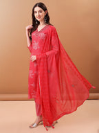 Embroidered & Floral Printed Kurta With Pant & Printed Dupatta, Pink - Hiral Fashion | Grocsy