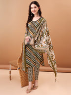 Embroidered & Leheriya Printed Kurta With Pant & Printed Dupatta, Green - Hiral Fashion | Grocsy