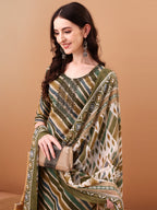 Embroidered & Leheriya Printed Kurta With Pant & Printed Dupatta, Green - Hiral Fashion | Grocsy