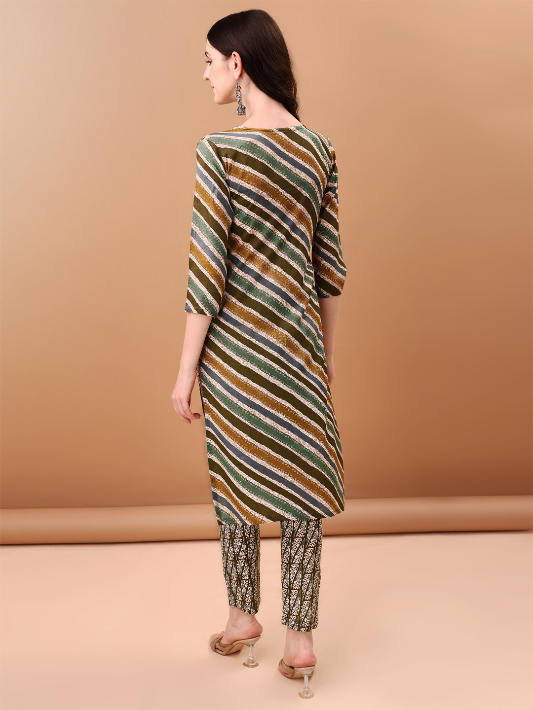Embroidered & Leheriya Printed Kurta With Pant & Printed Dupatta, Green - Hiral Fashion | Grocsy