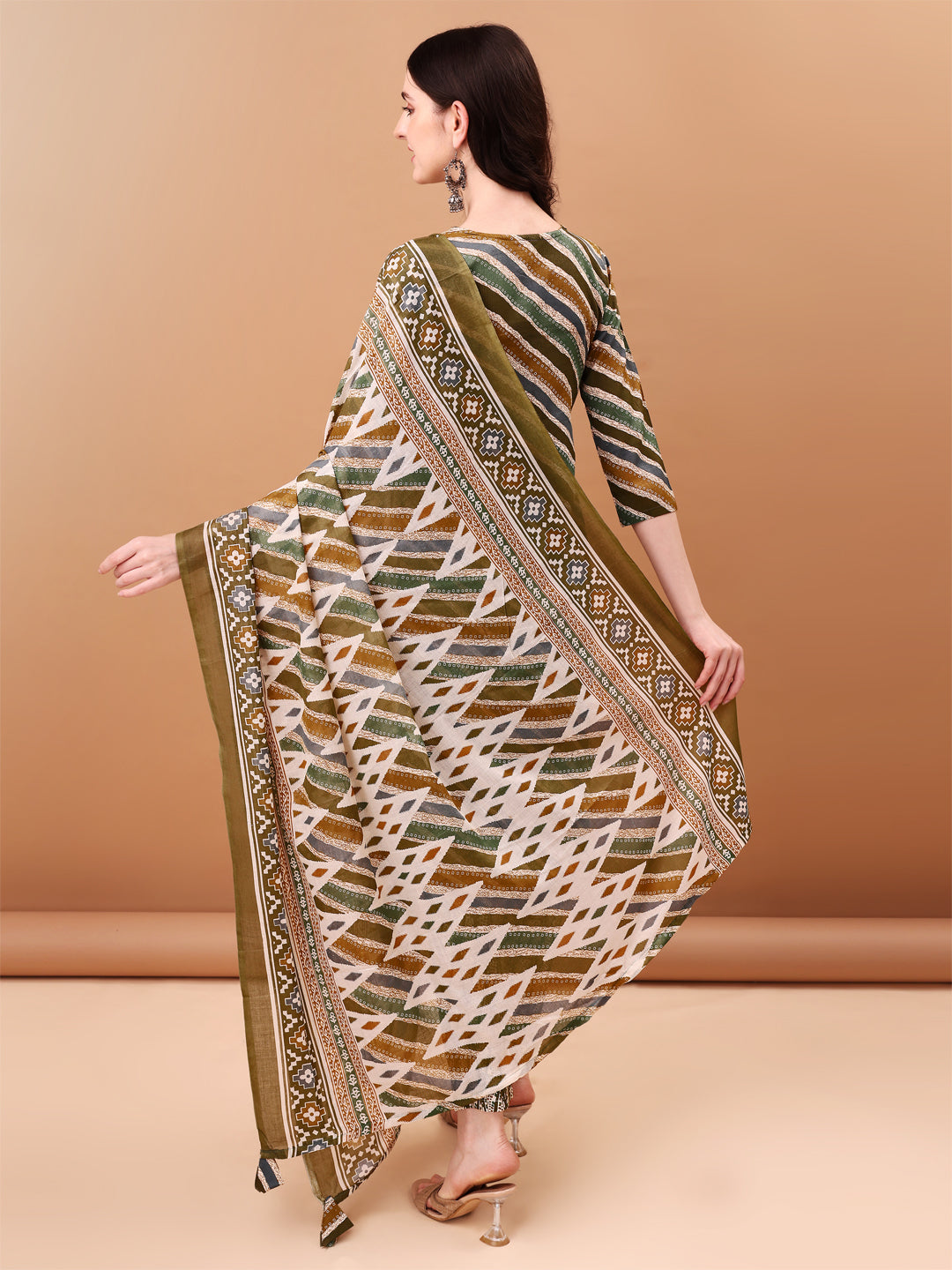 Embroidered & Leheriya Printed Kurta With Pant & Printed Dupatta, Green - Hiral Fashion | Grocsy