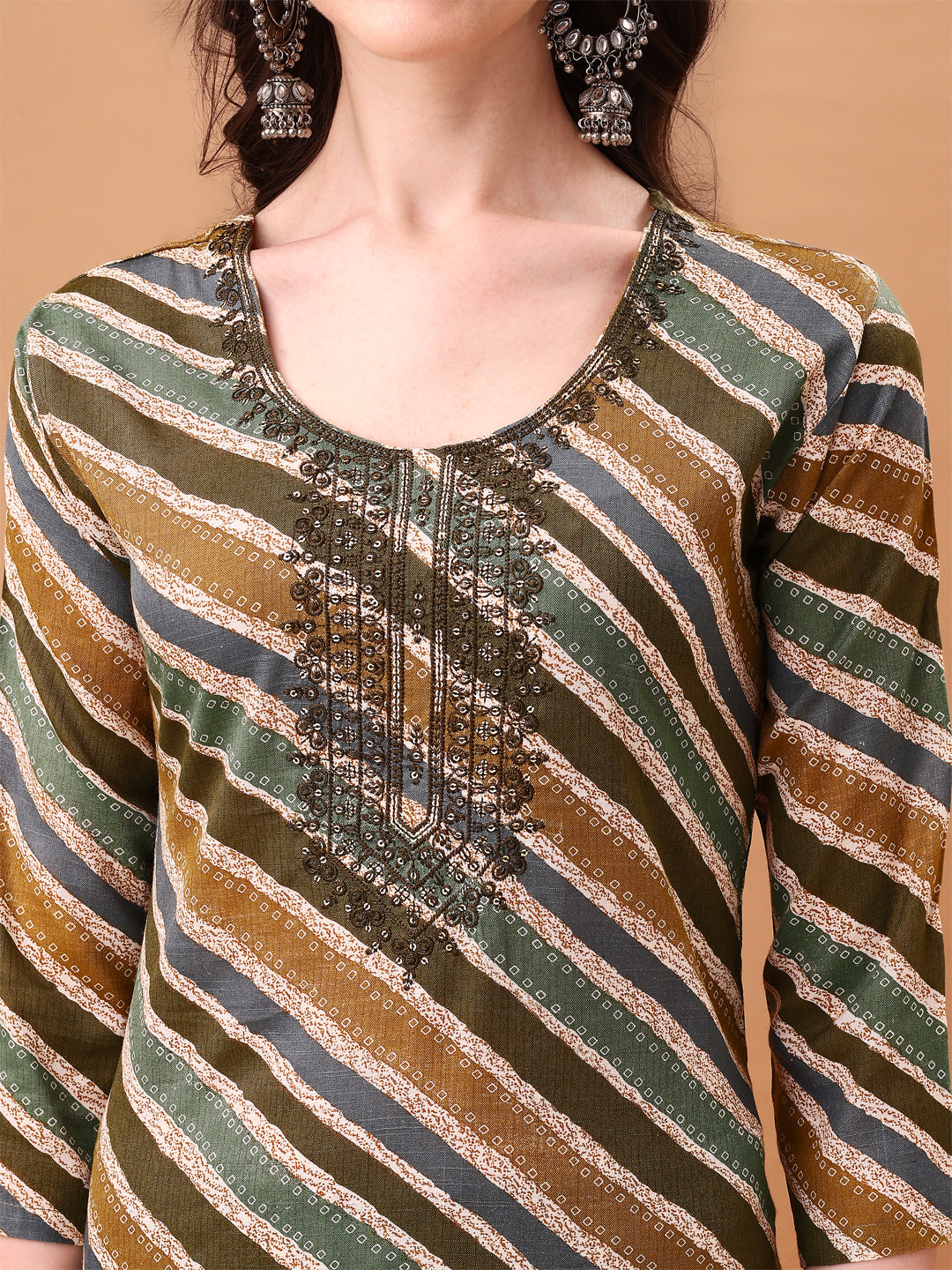 Embroidered & Leheriya Printed Kurta With Pant & Printed Dupatta, Green - Hiral Fashion | Grocsy