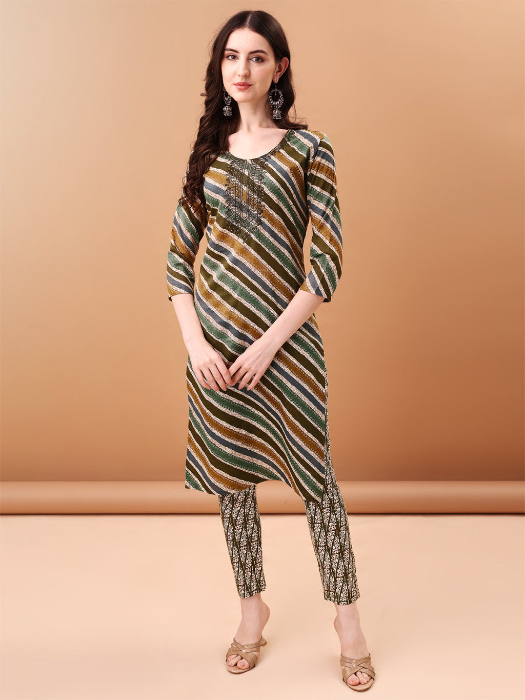 Embroidered & Leheriya Printed Kurta With Pant & Printed Dupatta, Green - Hiral Fashion | Grocsy