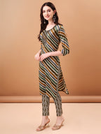 Embroidered & Leheriya Printed Kurta With Pant & Printed Dupatta, Green - Hiral Fashion | Grocsy