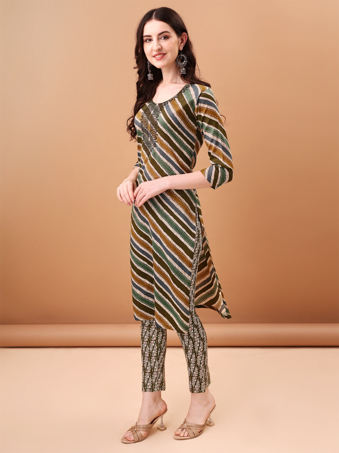 Embroidered & Leheriya Printed Kurta With Pant & Printed Dupatta, Green - Hiral Fashion | Grocsy