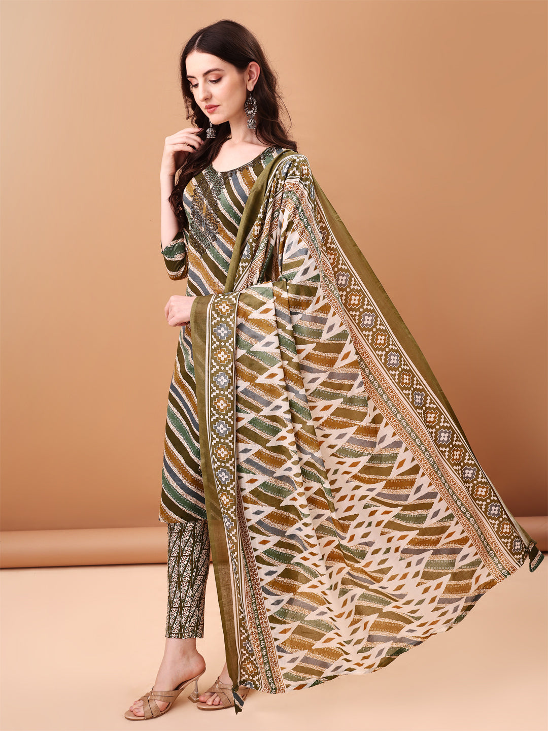 Embroidered & Leheriya Printed Kurta With Pant & Printed Dupatta, Green - Hiral Fashion | Grocsy