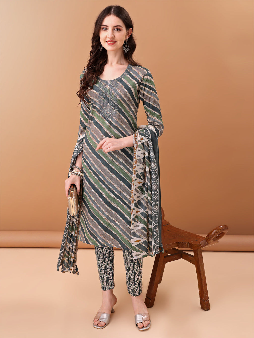Embroidered & Leheriya Printed Kurta With Pant & Printed Dupatta, Grey - Hiral Fashion | Grocsy