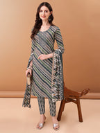 Embroidered & Leheriya Printed Kurta With Pant & Printed Dupatta, Grey - Hiral Fashion | Grocsy