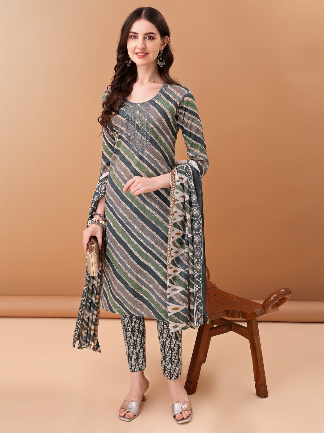 Embroidered & Leheriya Printed Kurta With Pant & Printed Dupatta, Grey - Hiral Fashion | Grocsy