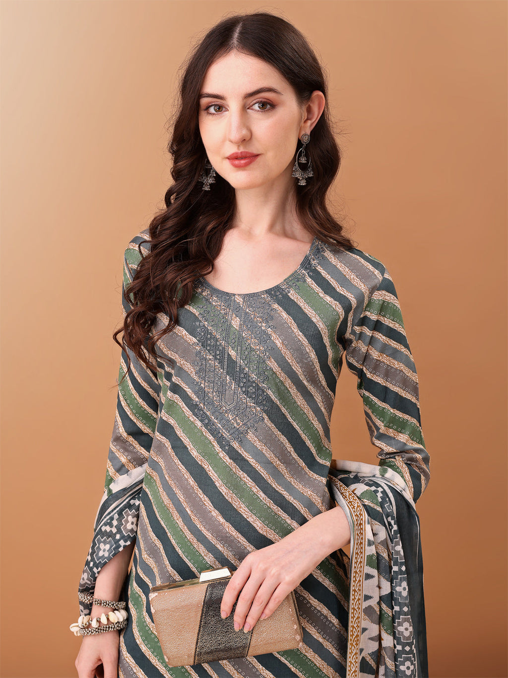 Embroidered & Leheriya Printed Kurta With Pant & Printed Dupatta, Grey - Hiral Fashion | Grocsy