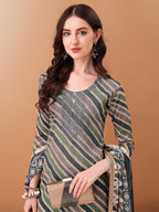 Embroidered & Leheriya Printed Kurta With Pant & Printed Dupatta, Grey - Hiral Fashion | Grocsy