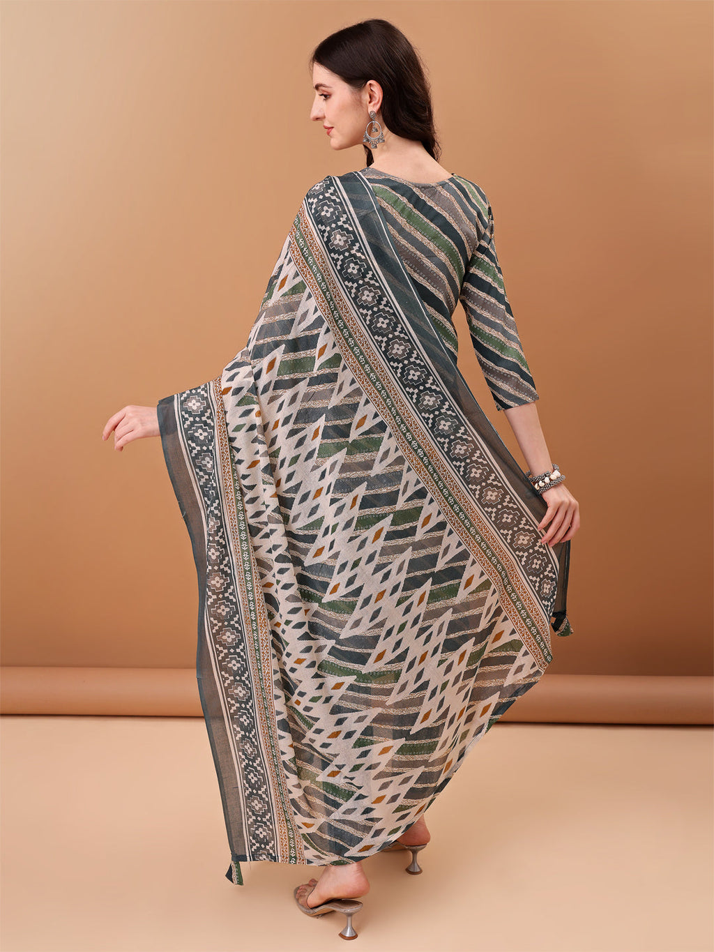 Embroidered & Leheriya Printed Kurta With Pant & Printed Dupatta, Grey - Hiral Fashion | Grocsy