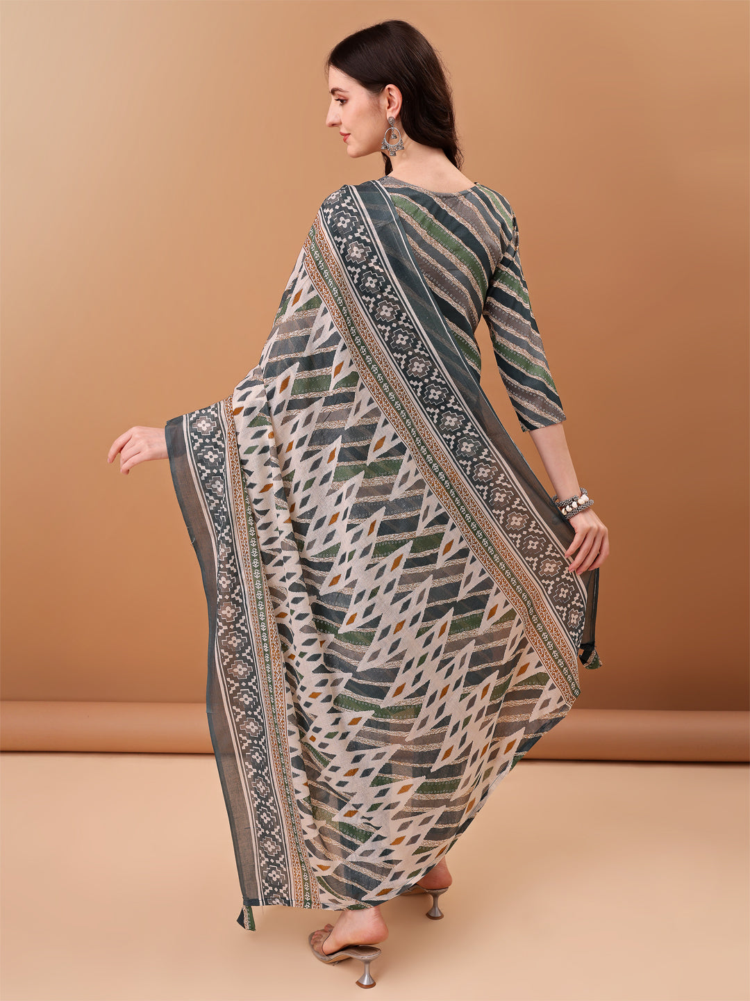 Embroidered & Leheriya Printed Kurta With Pant & Printed Dupatta, Grey - Hiral Fashion | Grocsy